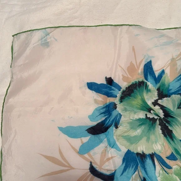 Vintage Floral Silk Scarf with Blue and Green Design - Picture 3 of 6